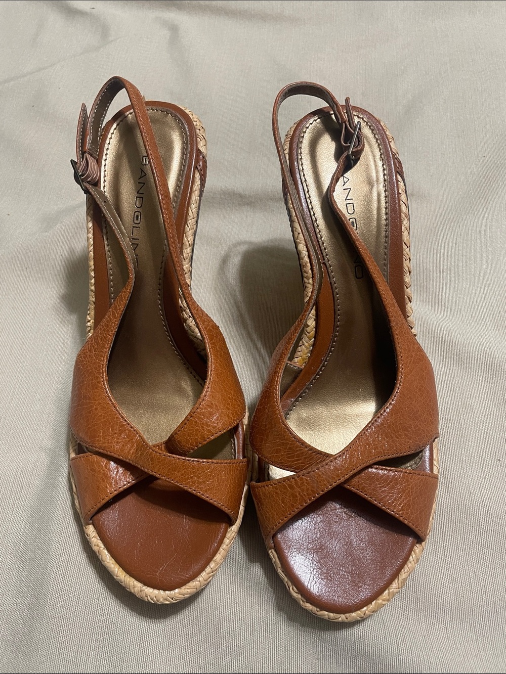 Bandolino Tan/Brown Leather Cross-Strap Wedge Sandals 7.5
